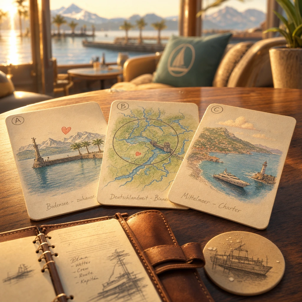 Illustrative Welt-Grafik, keine Personen: drei handgezeichnete Lernpfad-Karten auf dem Lounge-Tisch, aufgefächert wie Spielkarten — Karte A Bodensee-Heimat, Karte B bundesweit/Binnen, Karte C Mittelmeer-Charter. Voller Bild-Prompt in bild_prompts.yaml.